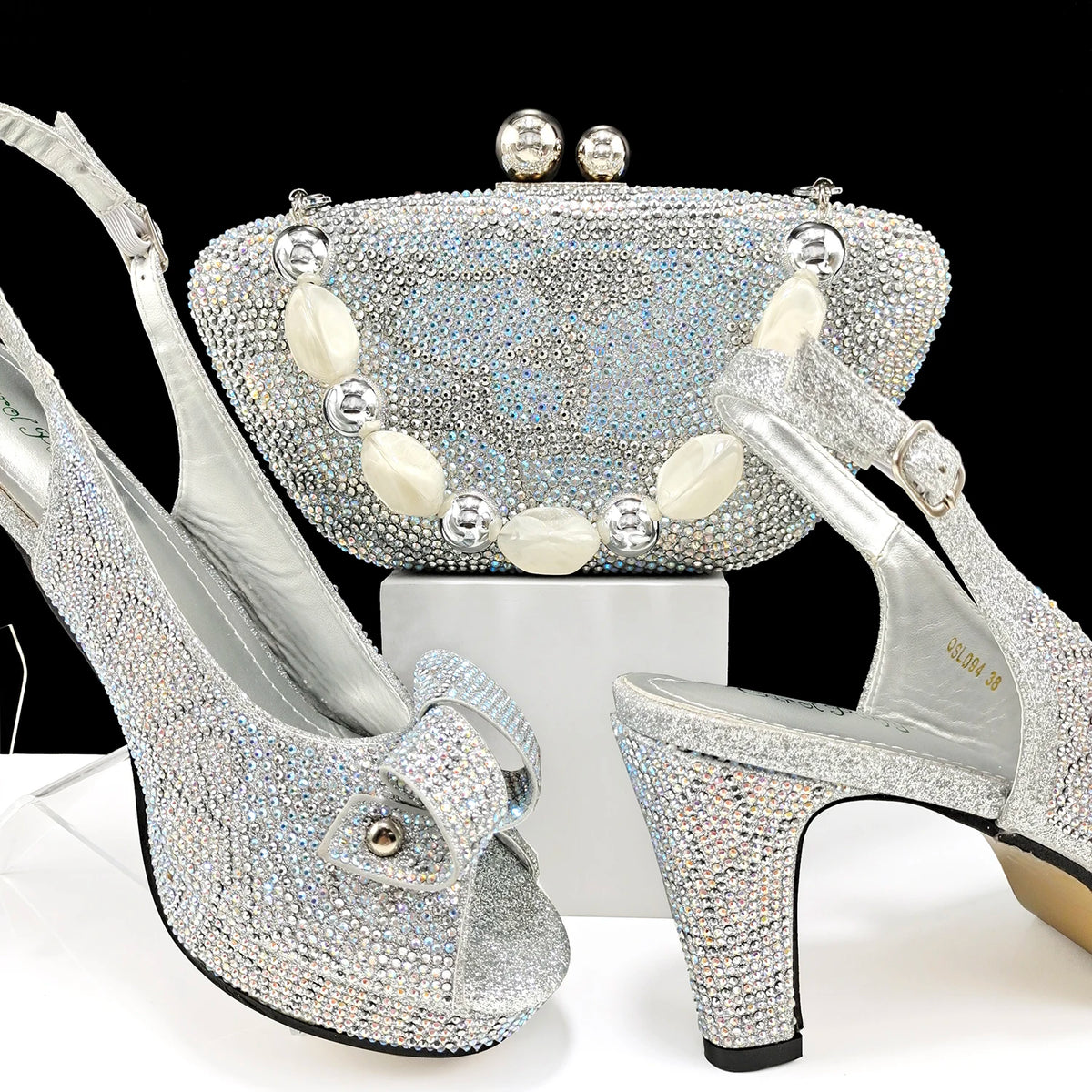 Fashion Design African Style Banquet Shoes And Bag Sexy High Heels And Full Diamond Dual Purpose Mini Bag Ladies Shoes