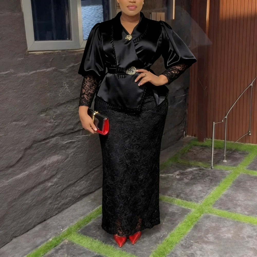 Women White Dresses Wedding Guest Notched Lapel Lantern Sleeve Lace Patchwork Belt African Church Celebrations Party Gowns New