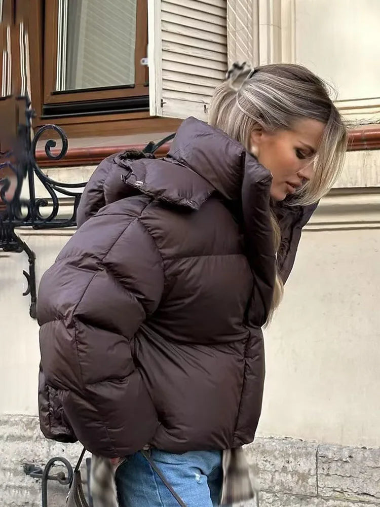 HH Female Winter Casual High Collar Warm Jackets Solid Hooded Long Sleeve Buttons Zipper Woman's New Fashion Loose Coats 2 Color