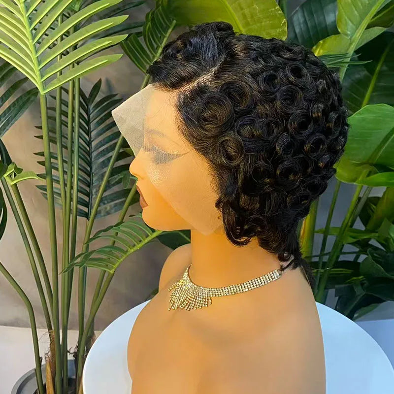 Short Wave Pixie Cut Wig Brazilian Virgin Human Hair Wave Wigs Glueless Easy Wear Curly Wigs Natural Black Color for Black Women