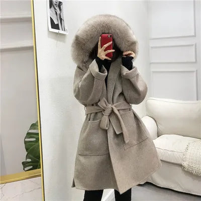 2024 New Oversize Ladies Outerwear Real Fur Coat Winter Jacket Women Natural Fox Fur Collar Cuffs Hood Cashmere Wool Woolen