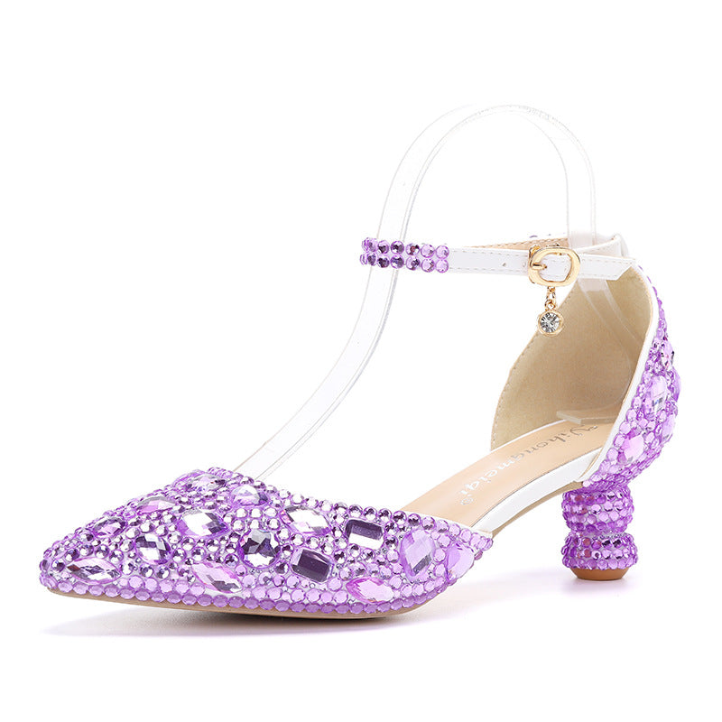 New 5cm Rhinestone shoes buckle round heel blue pointed Crystal Wedding sandals social dance Prom shoes Latin  shoes size 35-43