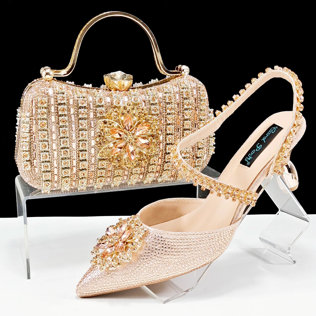 African Special Banquet Elegant Style Silver Color Party Wedding Pointed Toe  Heel Women Shoes and Bag Set With Rhinestone