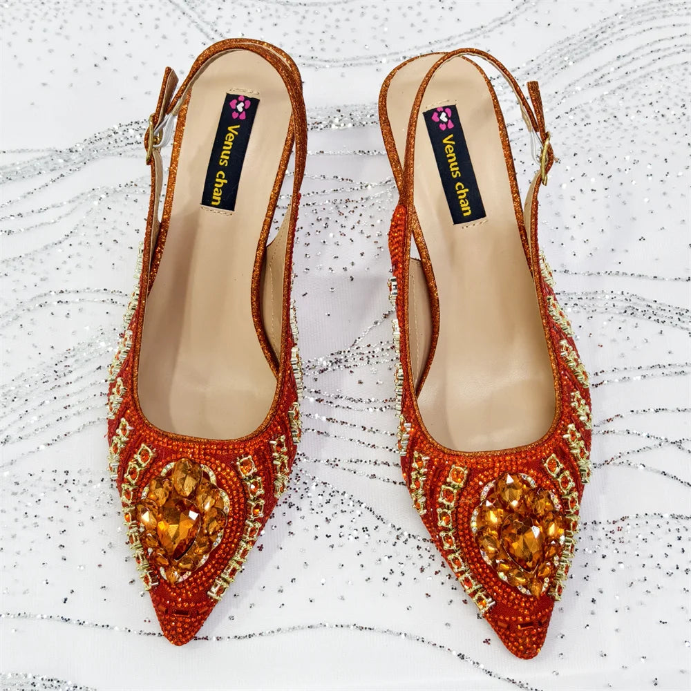 Venus Chan 2025 Elegant Rhinestone Pointed Toe Pumps With Matching Bag Set Large Size shoes Big Bag for Women's Party High Heels