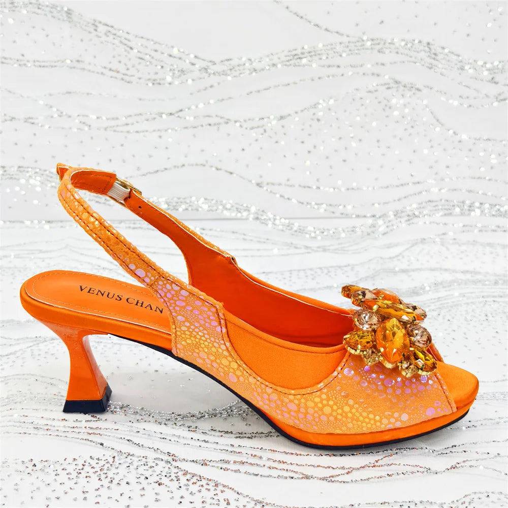 Venus Chan 2025 Fashionable Orange Open Toe Women's Sandals with Matching Bag Set - Perfect for Weddings and Parties