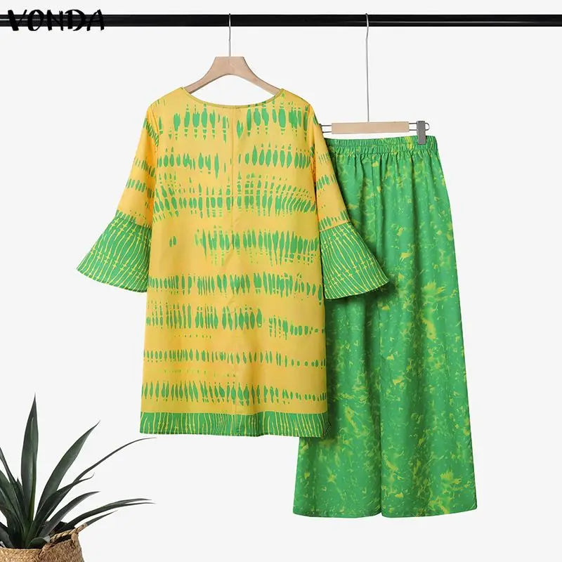 VONDA Plus Size 2PCS 5XL Women Pant Sets 3/4 Flare Sleeve Tops Long Pants Vintage Print Oversize Casual Loose 2 Piece Outfits