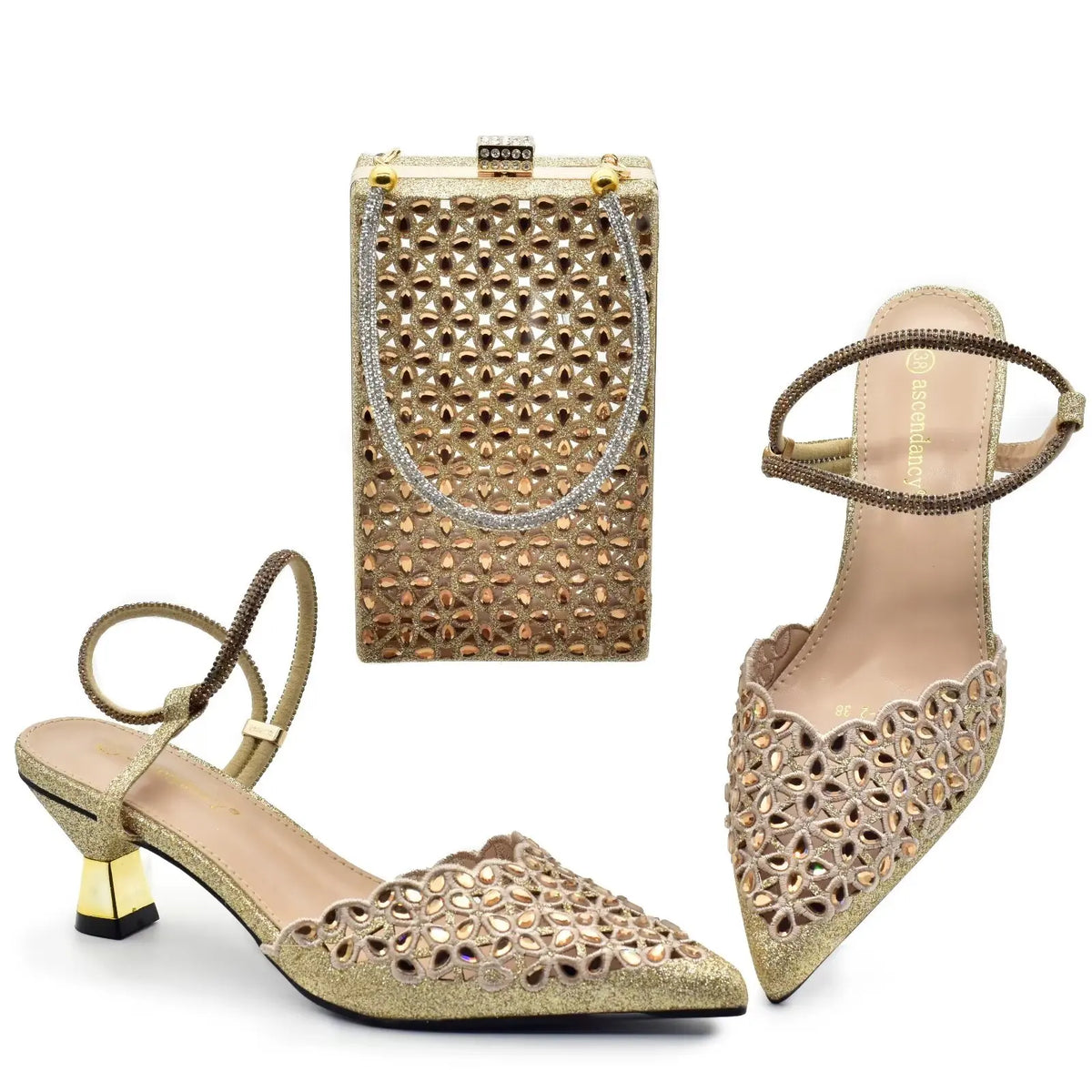 2024 Nigerian Style Rhinestone Low Heel Sandals for Women Fashion Party Women Wedding Shoes and Bags Set Wedding Shoes Bride