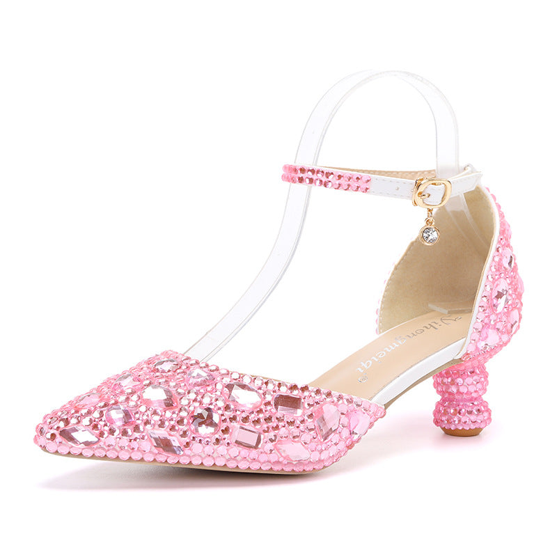 New 5cm Rhinestone shoes buckle round heel blue pointed Crystal Wedding sandals social dance Prom shoes Latin  shoes size 35-43
