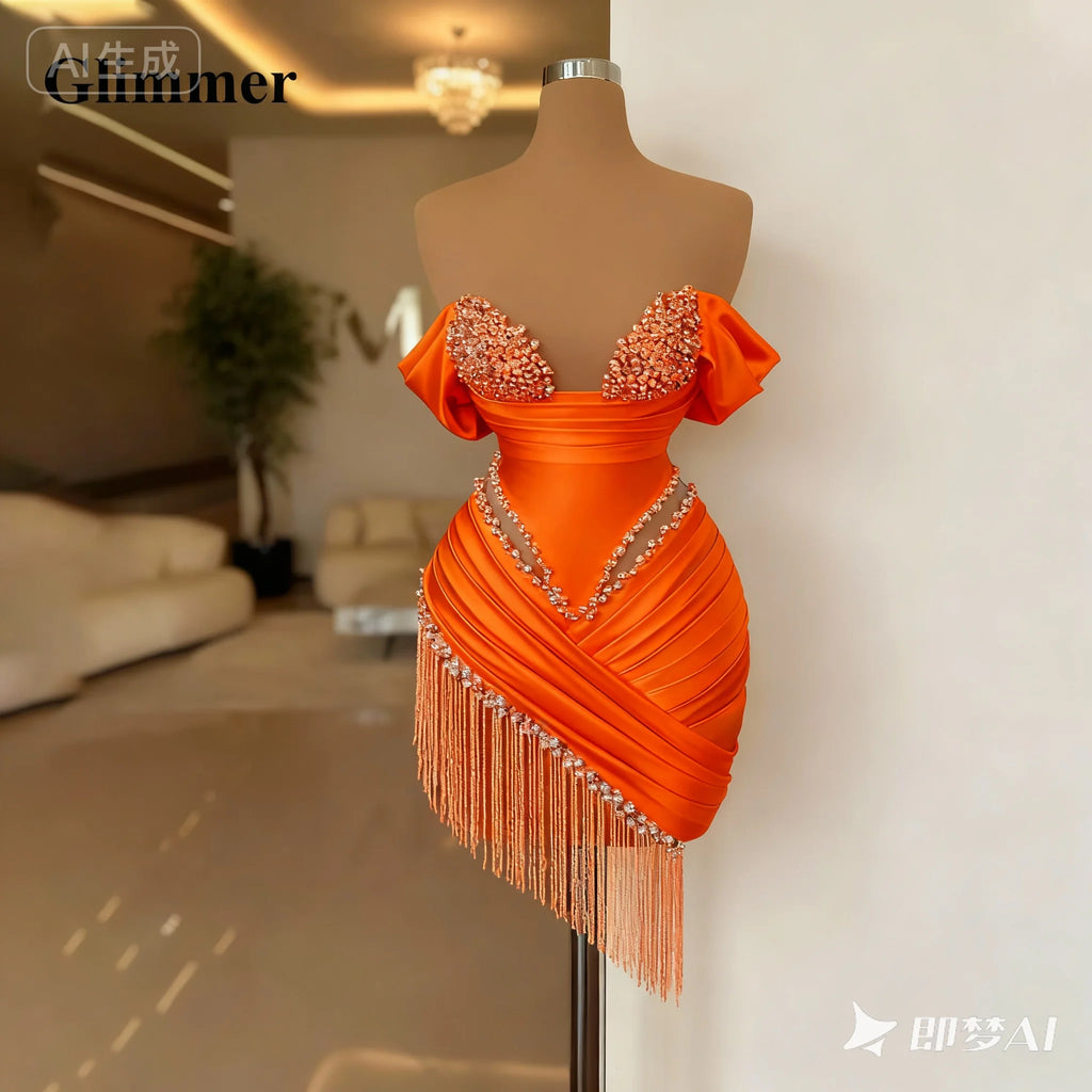 Glimmer Chic Pearls Cocktail Dresses Tassel Off the Shoulder Tassles Prom Dresses Sweetheart Pleat Vestidos De Gala Customised