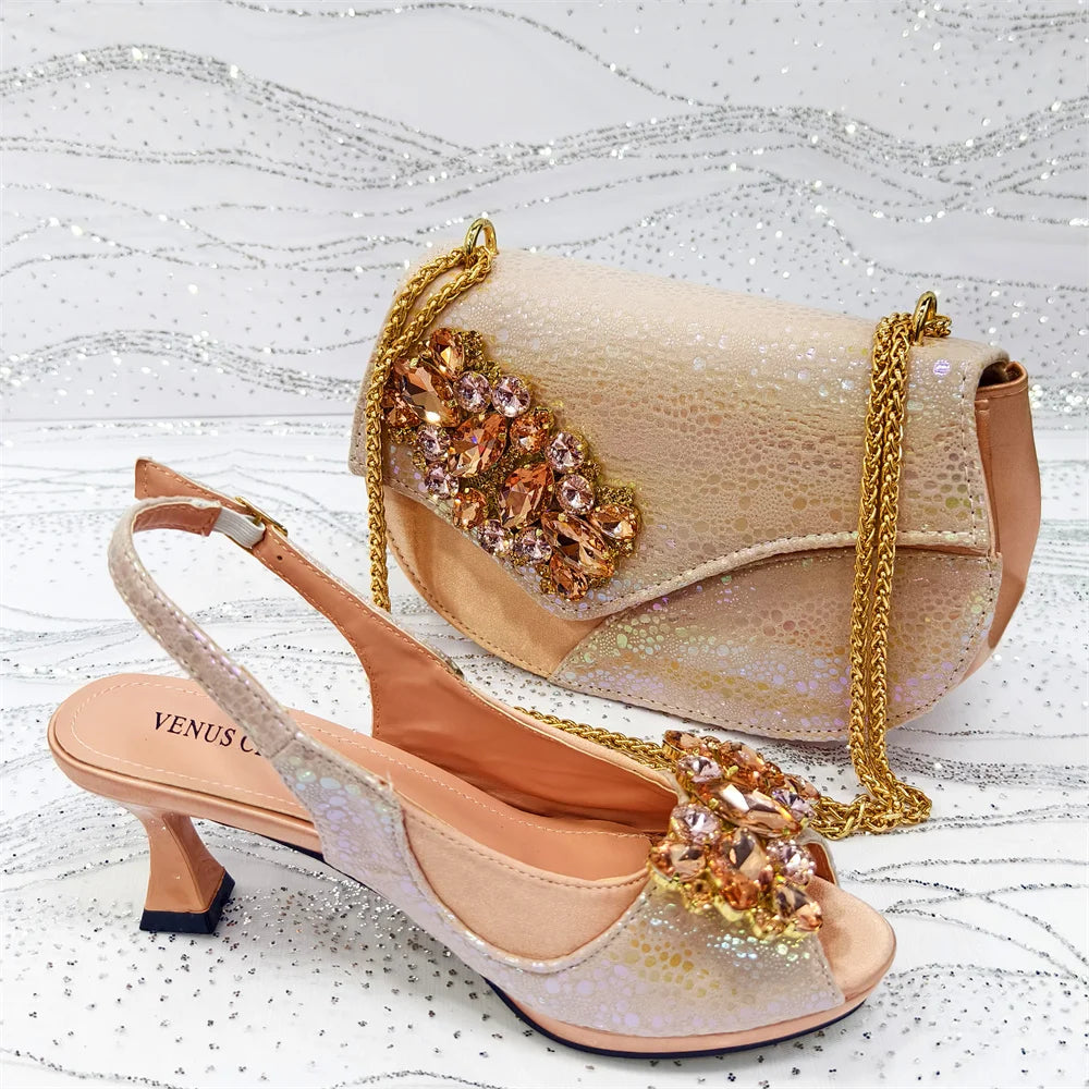 2025 New Rhinestone Design African Shoes & Bag Set in Green – Open Toe Comfortable Women's Heels - Hot Sale on Instagram