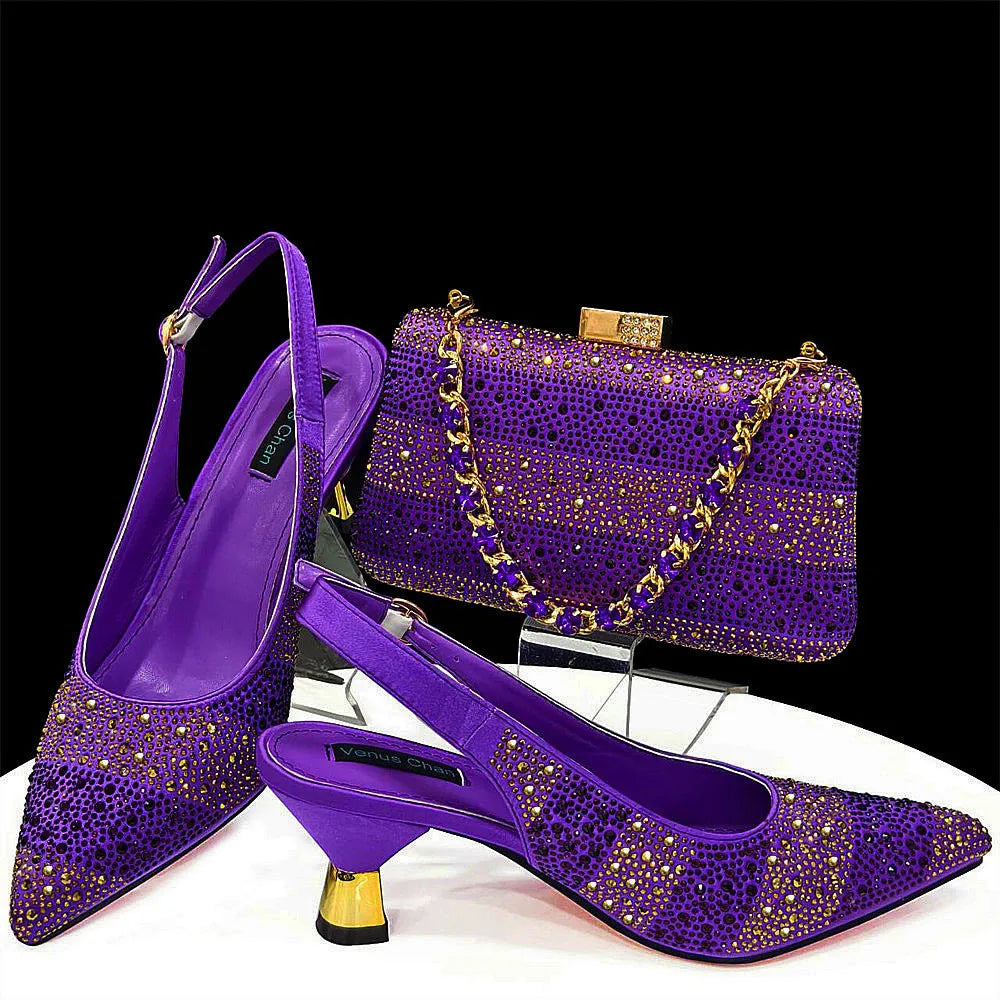Venus Chan- Elegant High Heels Shoes and Bag Set for Women Pointed Toe Black Color Hollow Rhinestones Matching Bag INS 2024
