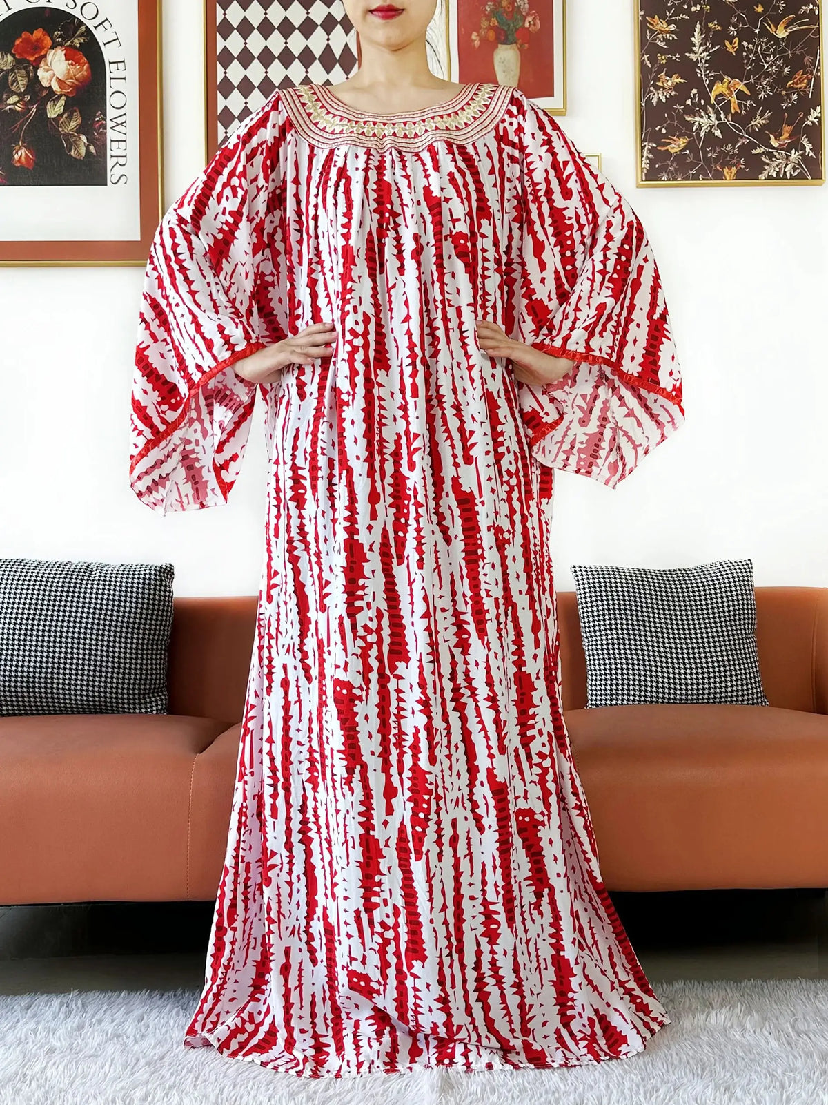 Summer Dress Embroidered Round Neck Cotton Women Long Loose Abaya Boho Maxi Dress Casual Fashion Dress African Vestidos