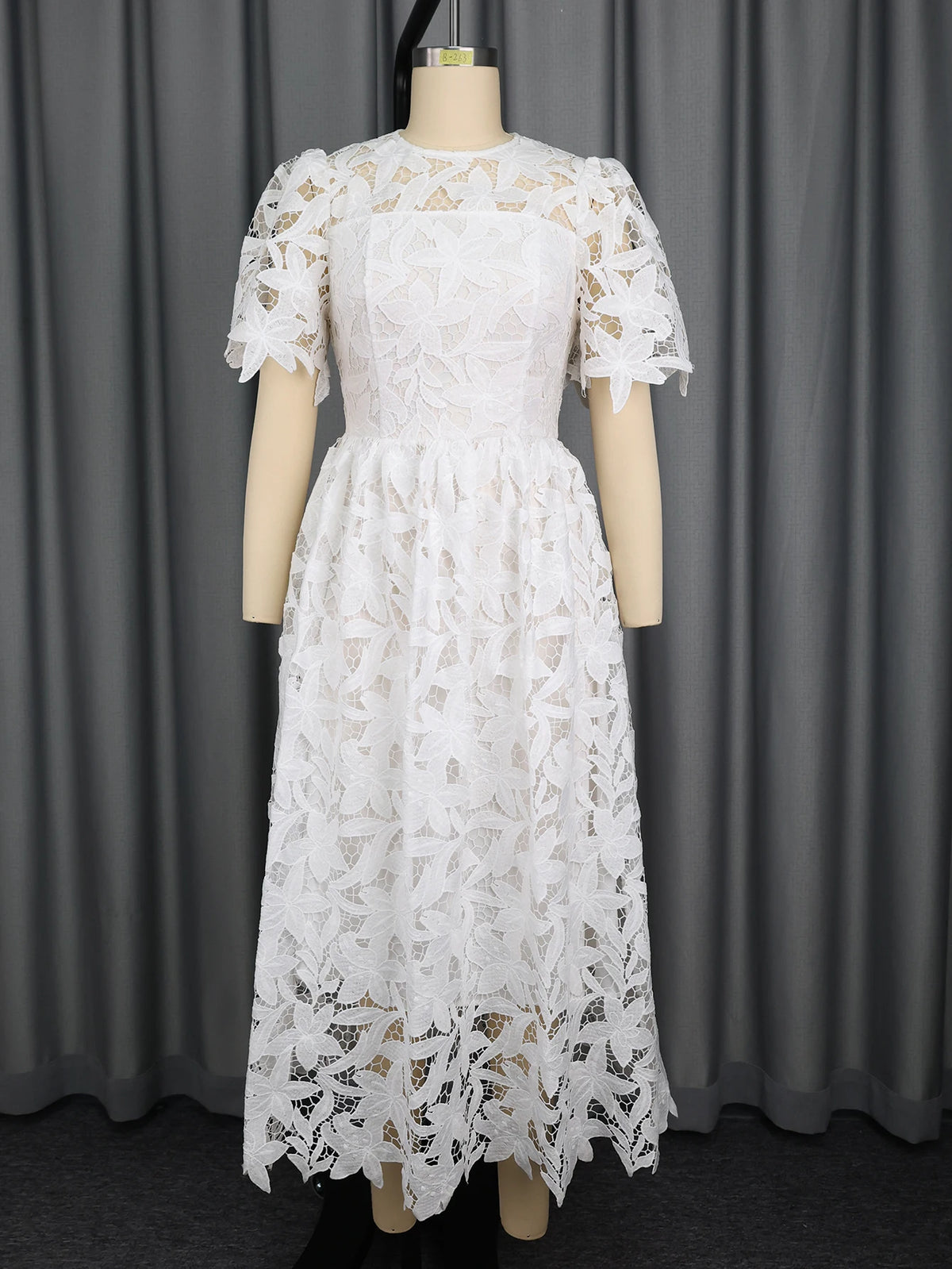 Elegant Lace Dress Irregualr Length Wedding Guest Bridal Shower for Bride Midi O Neck Hollow Out Women Classy Business Party New