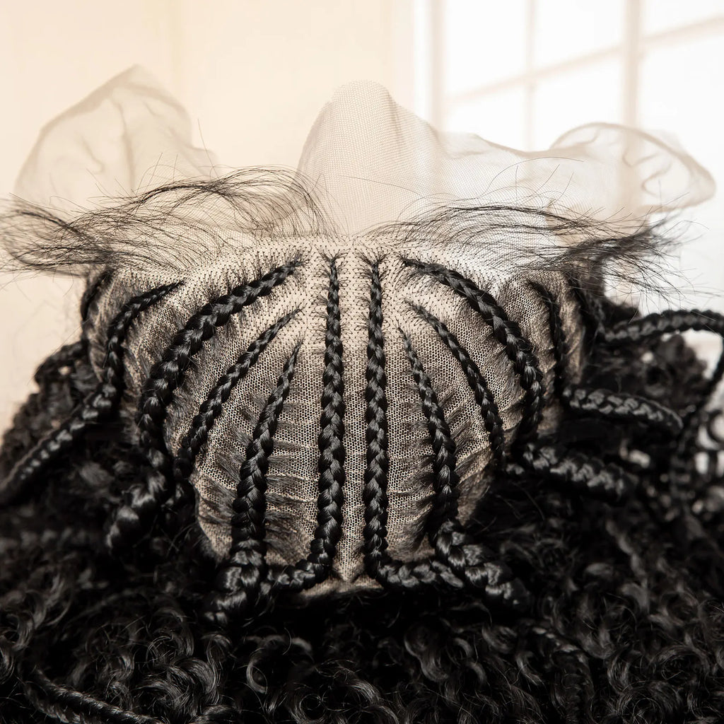13x6 Lace Frontal Synthetic Braids Wig 22 Inches Cornrow Braided Wig with Curly Handmade Knotless Braiding Wig for Black Women