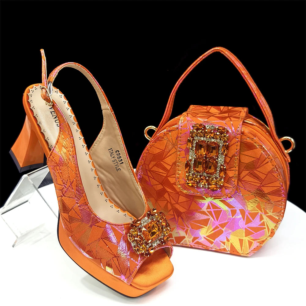 Venus Chan 2025 INS Orange Color Elegant Women Shoes and Bag Set Decoration Rhinestones Square Head Women High Heels Shoes