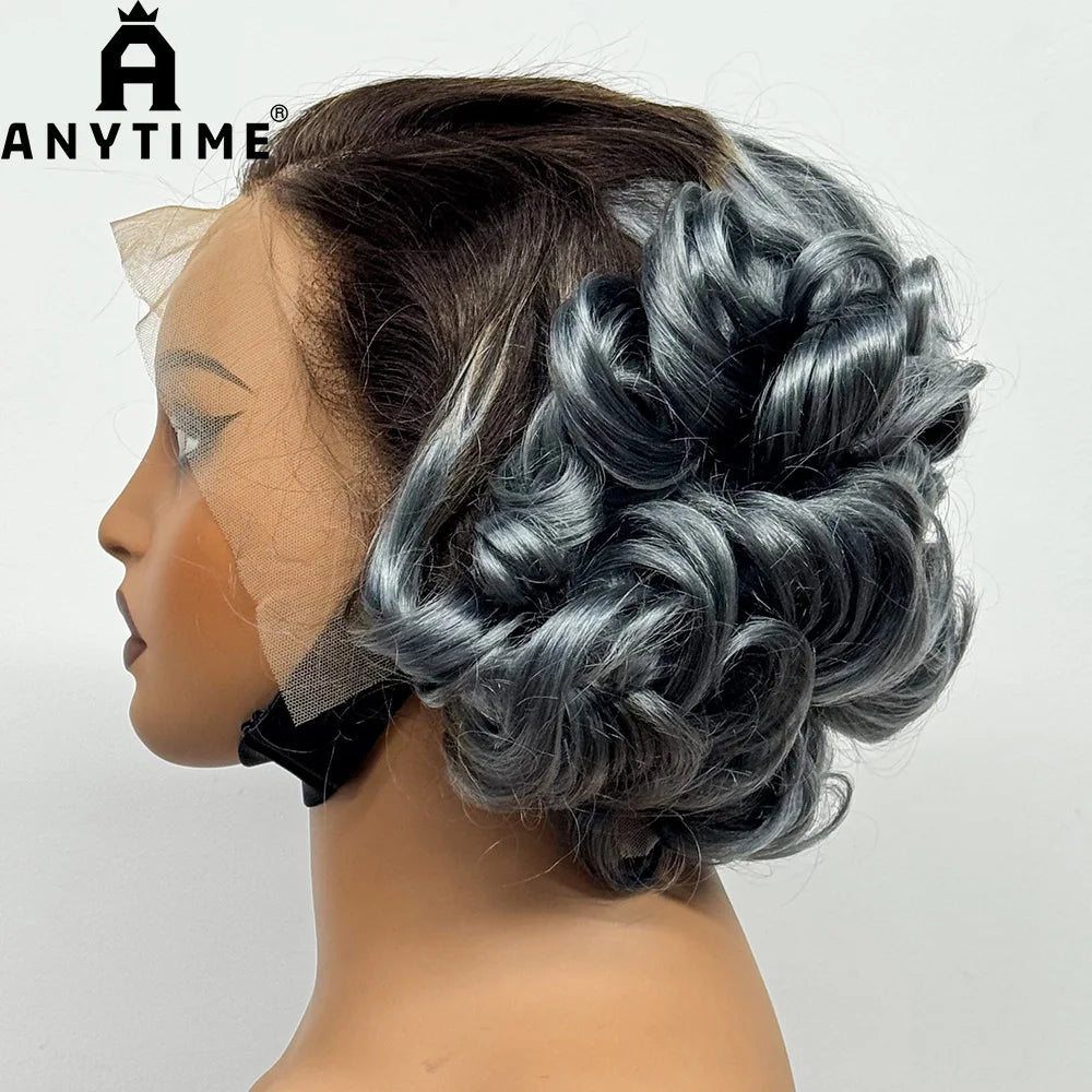 8 Inch 13x4 Transparent Lace Front Loose Wave Human Hair Wig Gray Color 250% Density Short Bob Bouncy Curly Wigs for Black Women