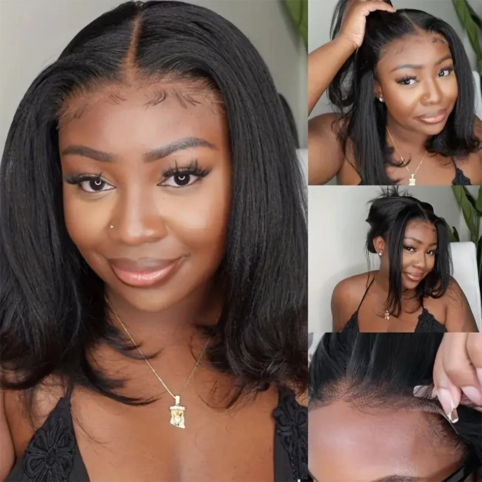 Glueless Wig Human Hair Kinky Straight Bob Wig Lace Front Human Hair Wigs For Women HD Transparent Full Lace Frontal Wig Yaki