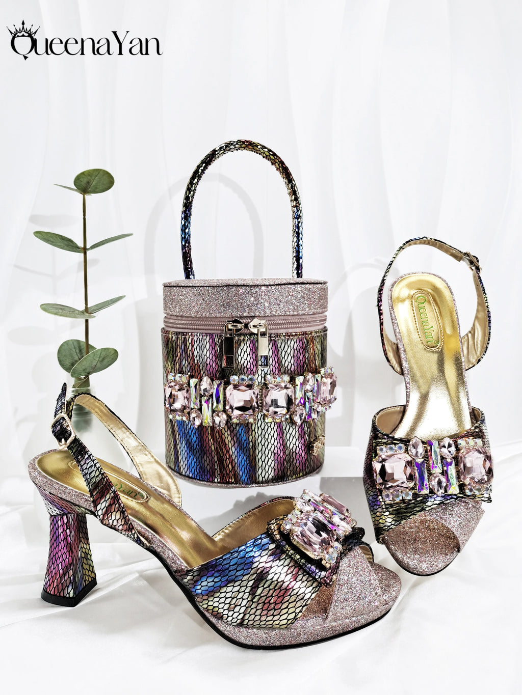 Queena Yan Italian Design African Women's High Heel Party Shoes and Bag Set Elegant Nigerian Handbag Open Shoes for Occasions