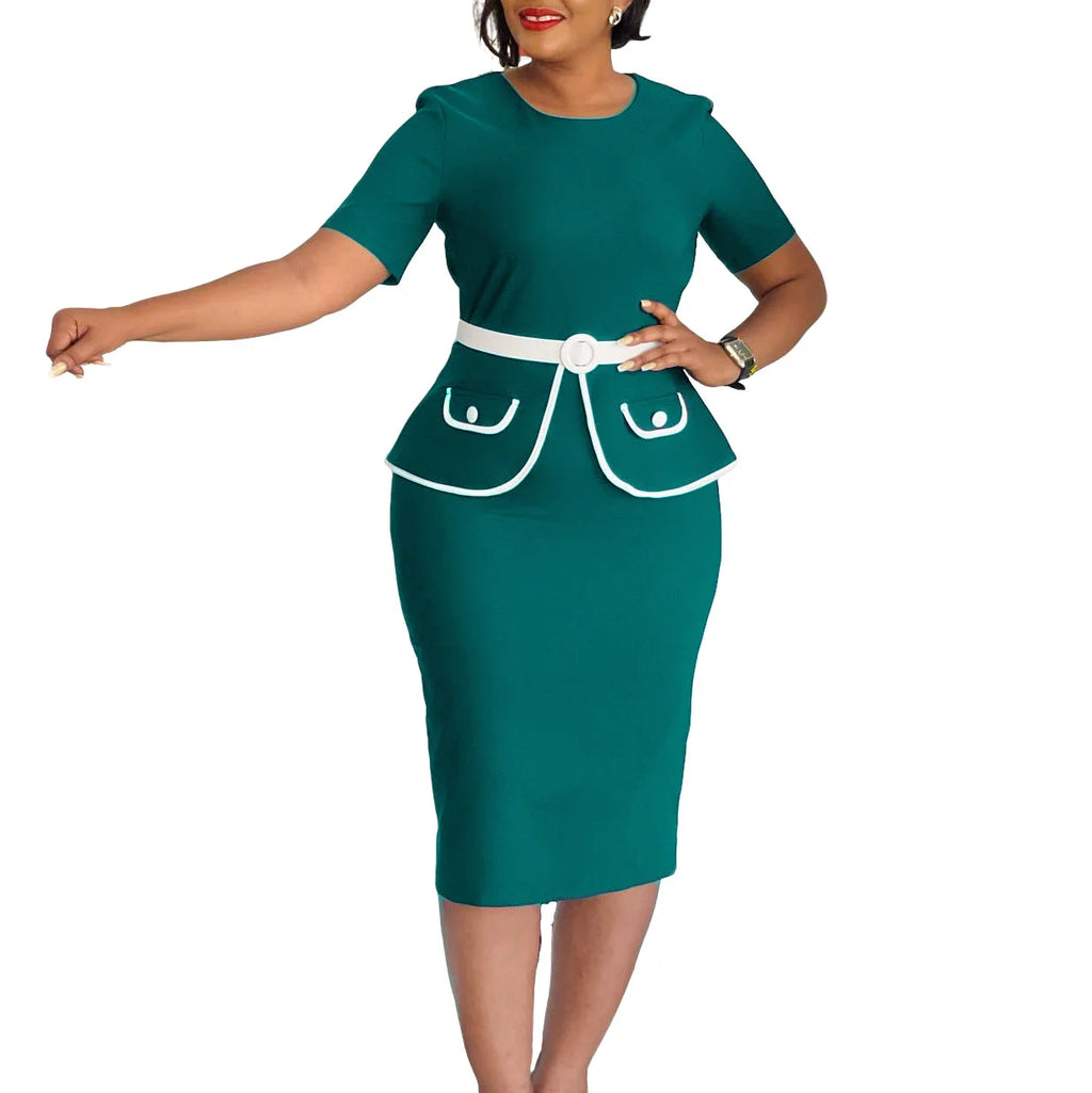 Elegant Fashionable Stretchy Short Sleeve Wrap Body Midi Dress Large Size African Style Commute Dress High Waist Skirt