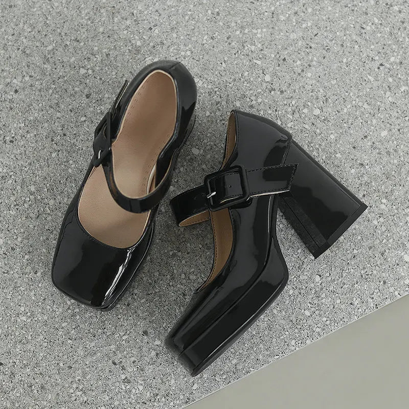 Size 33-48 Patent Shiny PU Leather Lady Office Pumps Wide Buckle Strap Platform Mary Janes Shoes Spring Fall Block Chunky Heels