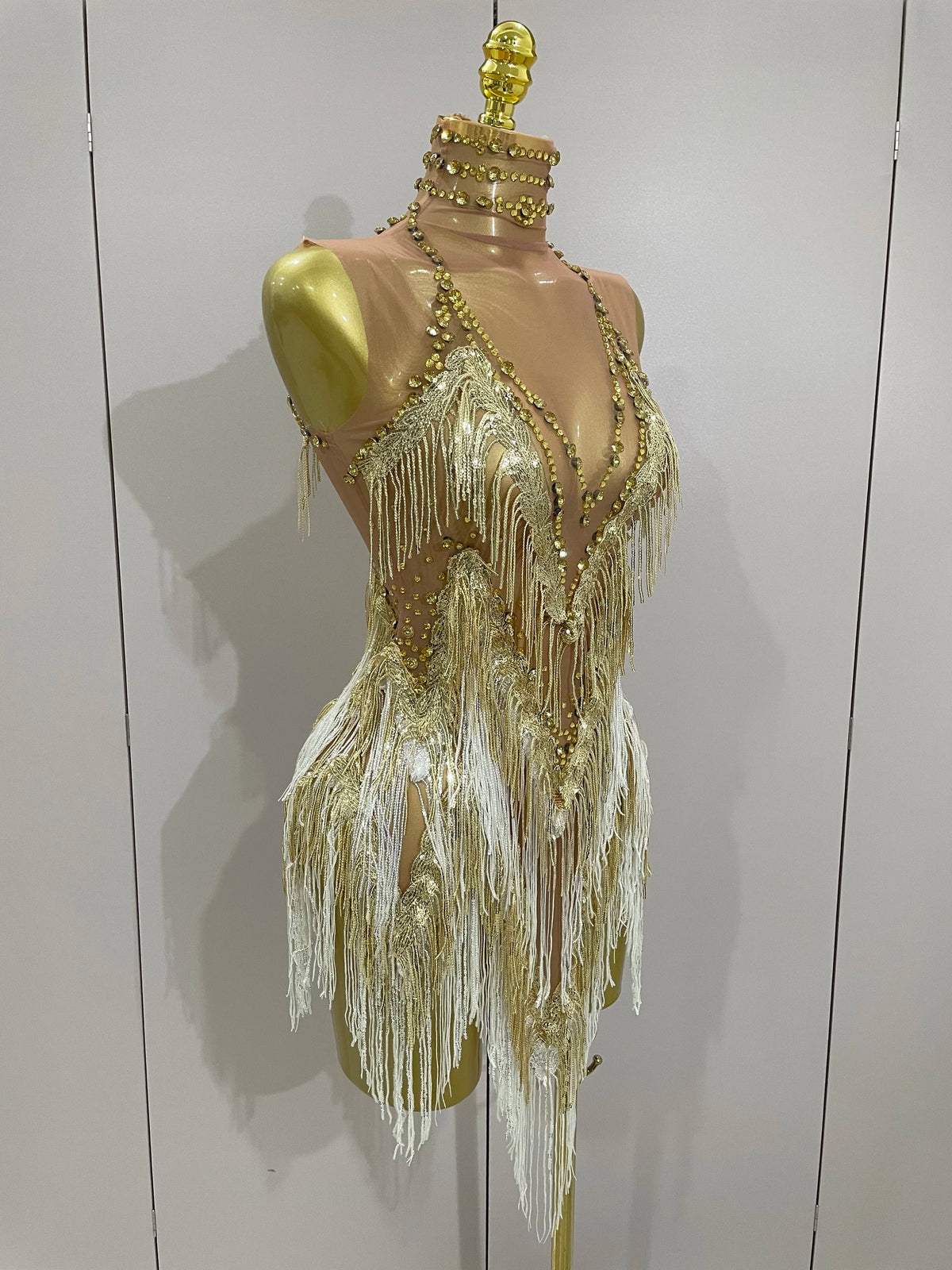 Stock 2025 Women Sexy Stretch Mesh Sparkly Rhinestone Tassels Mini Dress Nightclub Singer Dance Stage Costume Evening Gowns