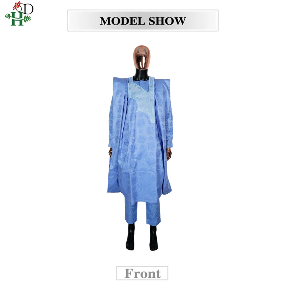 H&D African Clothes Embroidery Blue Gown Plus Size For Men Elegant Party Wedding Thobe 3 PC Top and Pants Suits Set Daily Wear