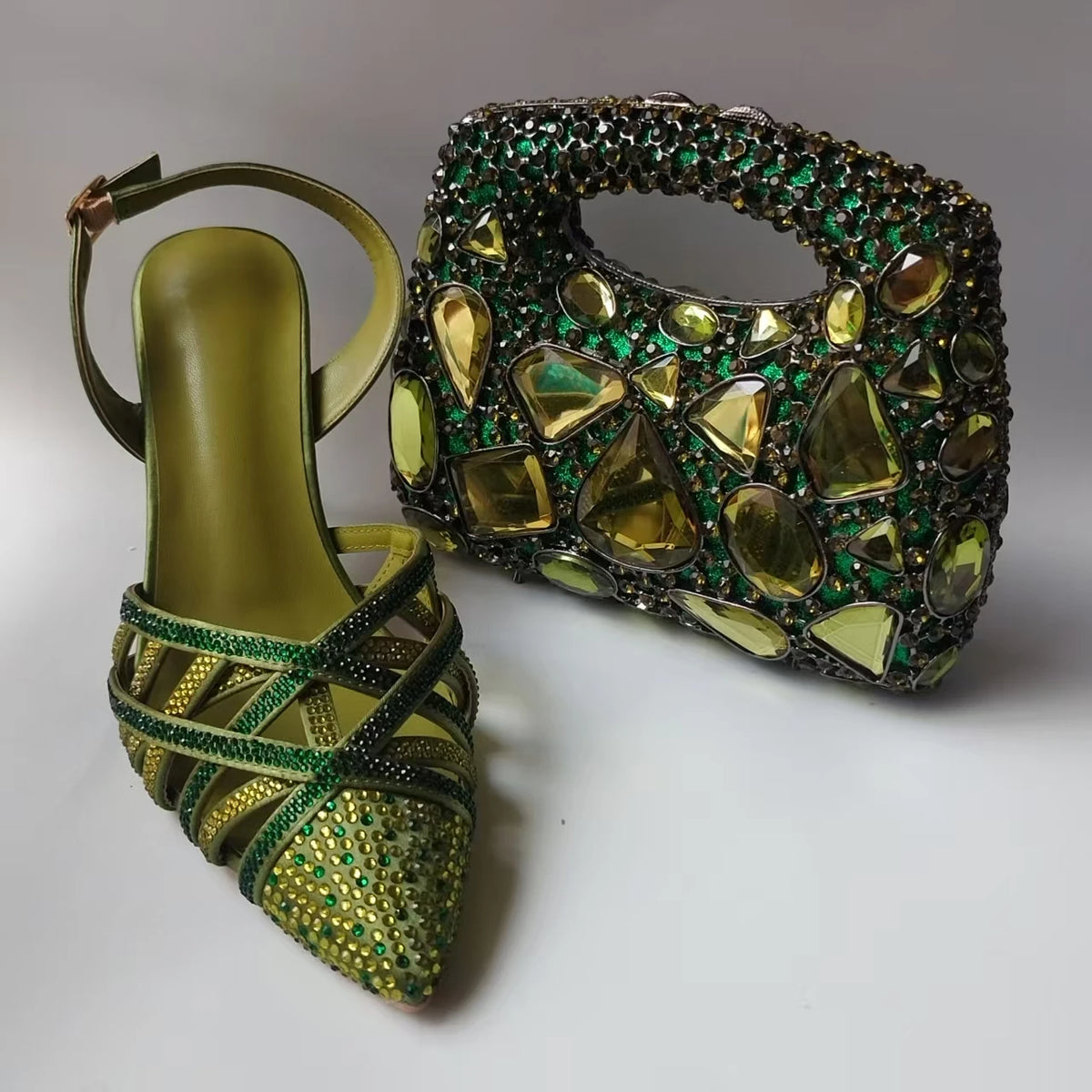 Luxury Olive Green Rhinestones Women's Shoe and Bag Set for Party Wedding Crystals Heeled Pumps and Handbag Sandals