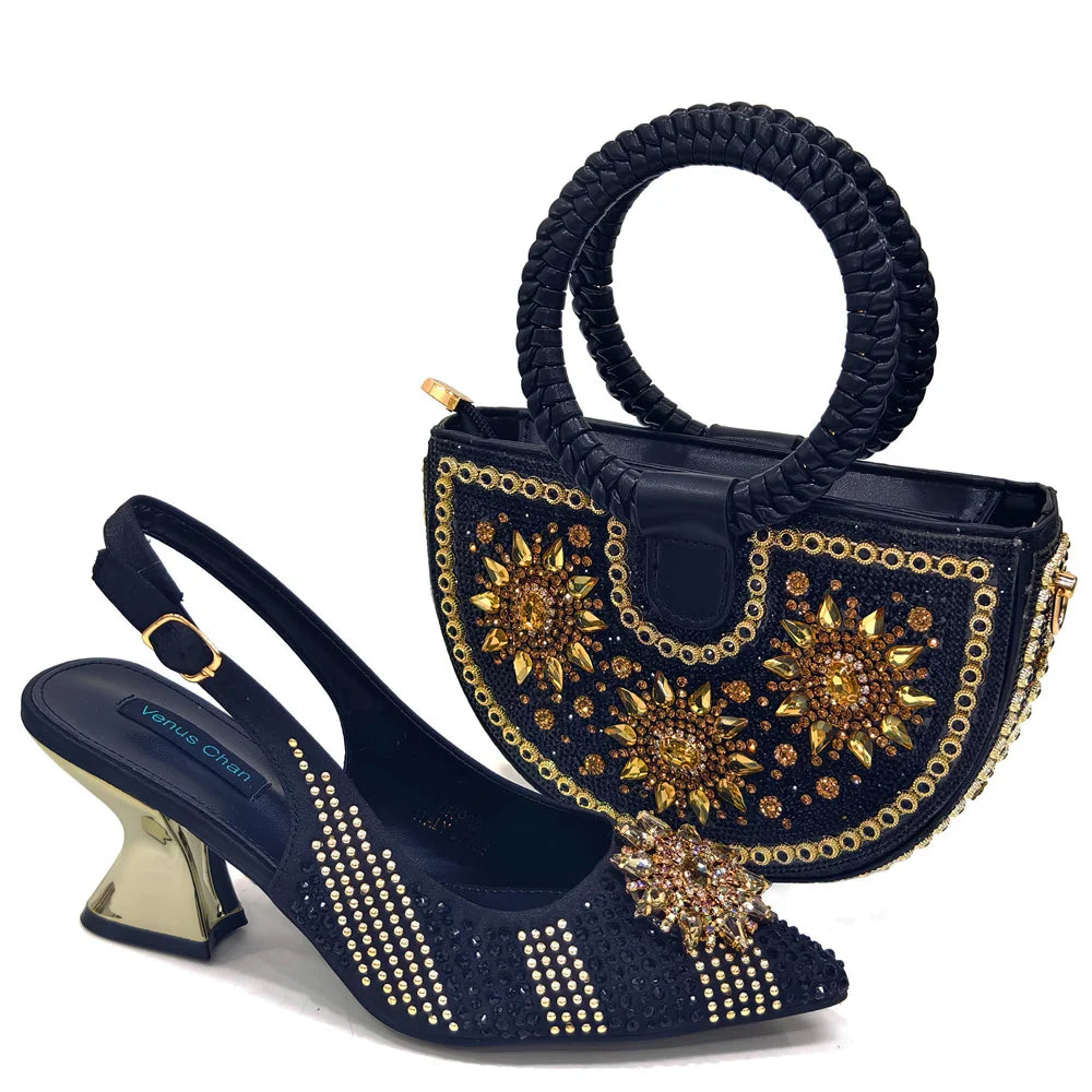 2024 New Designer Specials Italian Women Heels Shoes and Bag Set Royal Purple Color Comfortable With Rhinestone for Party