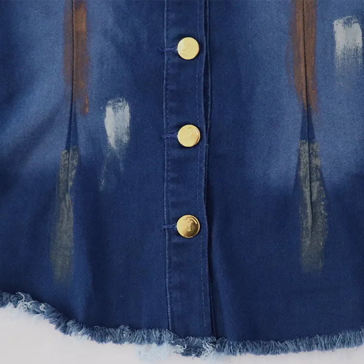 Two Piece Set Women Cowboy Suit Jean Jacket Single Breasted Turndown Collar Hole Flare Pants Female Outfits Casual Ensemble