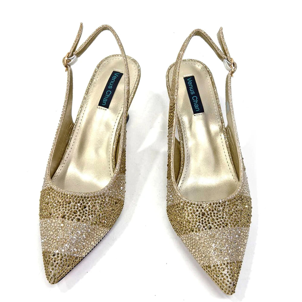 Venus Chan- Elegant High Heels Shoes and Bag Set for Women Pointed Toe Black Color Hollow Rhinestones Matching Bag INS 2024