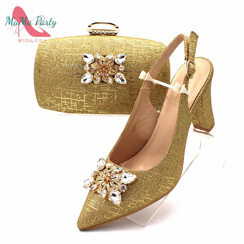 Nigerian Women Shoes and Bag Set in Gold Color High Quality New Arrivals Classics Style for Garden Party