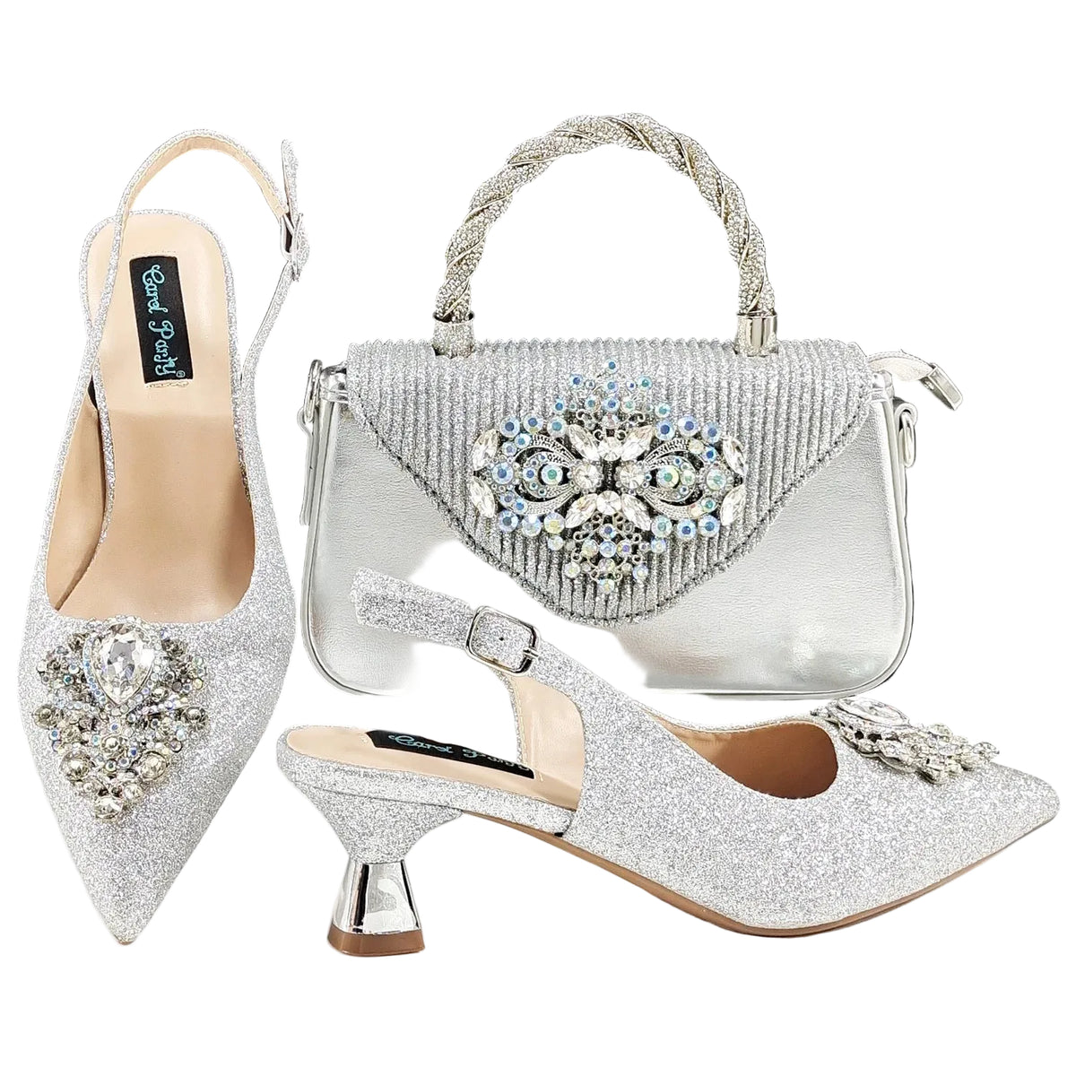 Italian Design Peach Color Pointed Toe Shoe & Bag Set Rhinestone Luxury  Women's High Heels for Parties By QSGFC