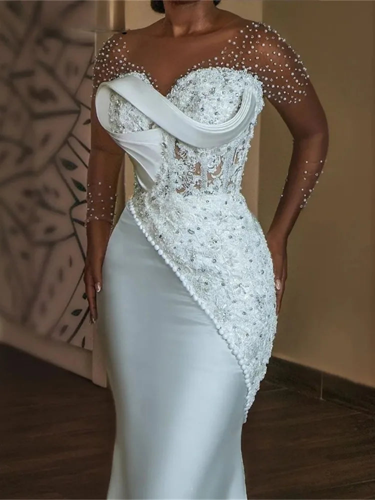 Luxury Pearls Beaded Mermaid African Wedding Dress Sheer O-neck Long Sleeves Aso Ebi Engagement Gowns Corset vestido de novia