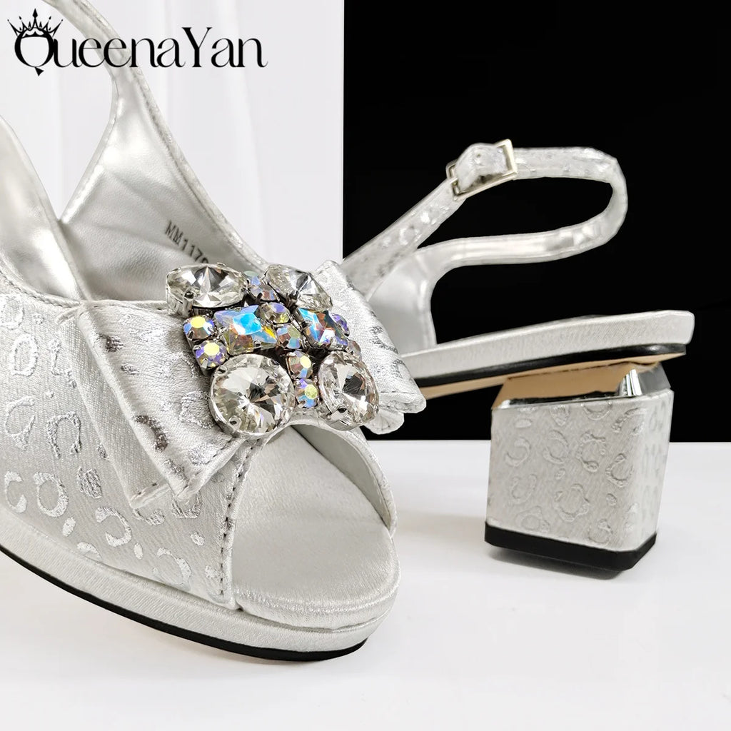 Queena Yan Light Blue Elegant Italian Rhinestone Wedding Shoe and Bag Set -Women Heels and Matching Handbag for Party