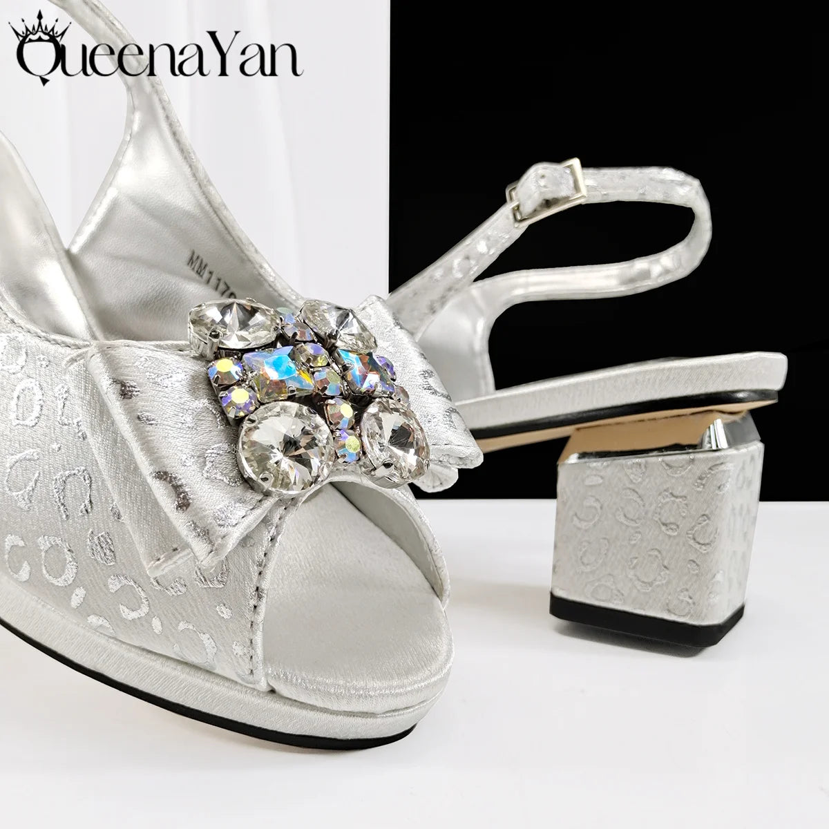 Queena Yan Light Blue Elegant Italian Rhinestone Wedding Shoe and Bag Set -Women Heels and Matching Handbag for Party