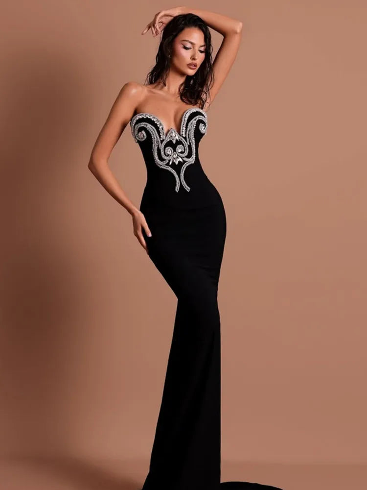 Women Sexy Strapless Beading Rhinestone Black Maxi Long Summer Bodycon Bandage Dress 2025 Elegant Evening Club Party Dress