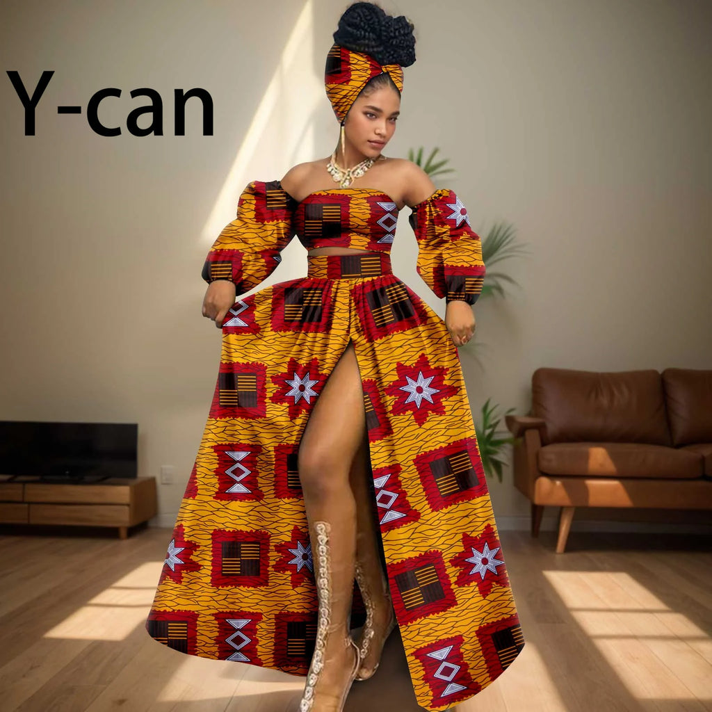 African Women Sexy Sets Two Pieces 2024 Ankara Print Tube Top High Slit Skirt Free Headscarf Female Outfits Women Dress 2426016