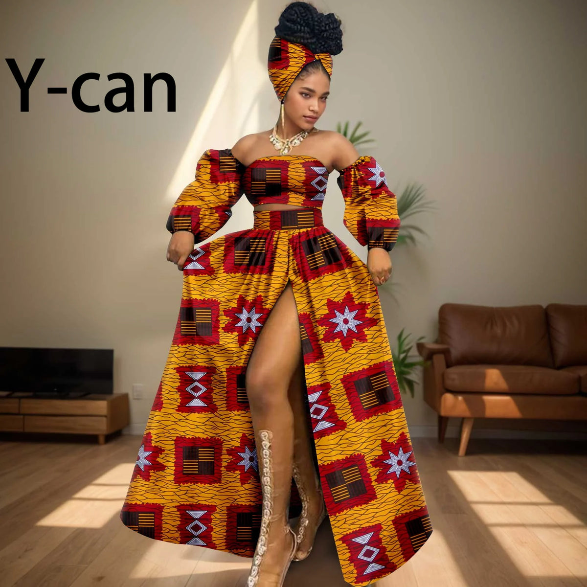 African Women Sexy Sets Two Pieces 2024 Ankara Print Tube Top High Slit Skirt Free Headscarf Female Outfits Women Dress 2426016