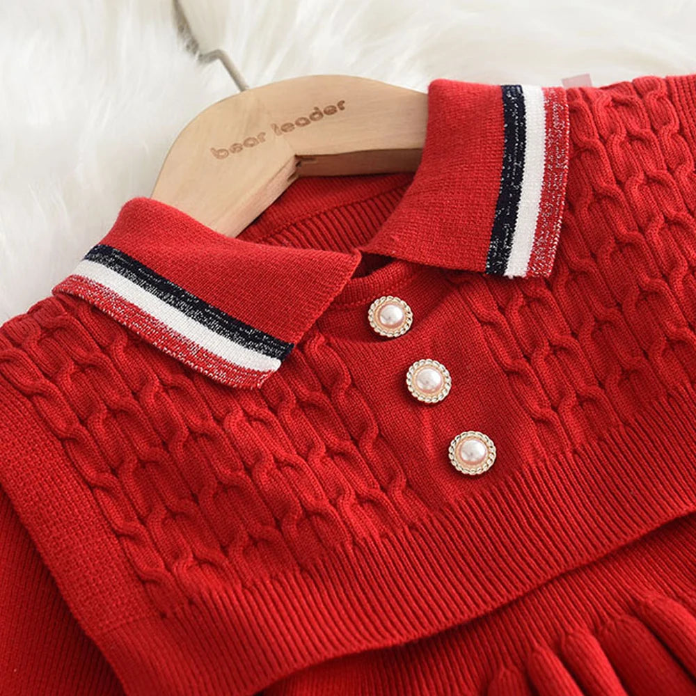 Bear Leader Autumn Winter Girls Sweater Long Sleeve Dress Vest Stripe Party Girl Baby Retro Knitted Wool Dress Casual Vestidos