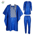 H&D African Clothing For Man Traditional Agbada Sets 3PCS Blue Bazin Riche Shirt Pant Embroidery Wedding Party Suits Plus Size