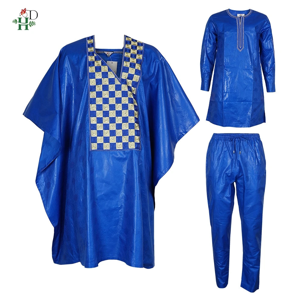 H&D African Clothing For Man Traditional Agbada Sets 3PCS Blue Bazin Riche Shirt Pant Embroidery Wedding Party Suits Plus Size