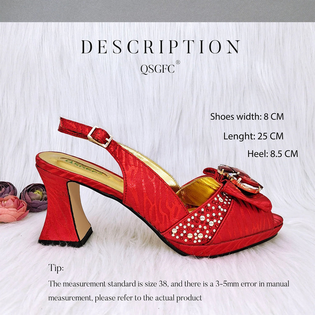 QSGFC Red Color Elegant lady Fashion Peep Toe Shoes Bride Comfortable Party Ladies Shoes and Bag Set  for women