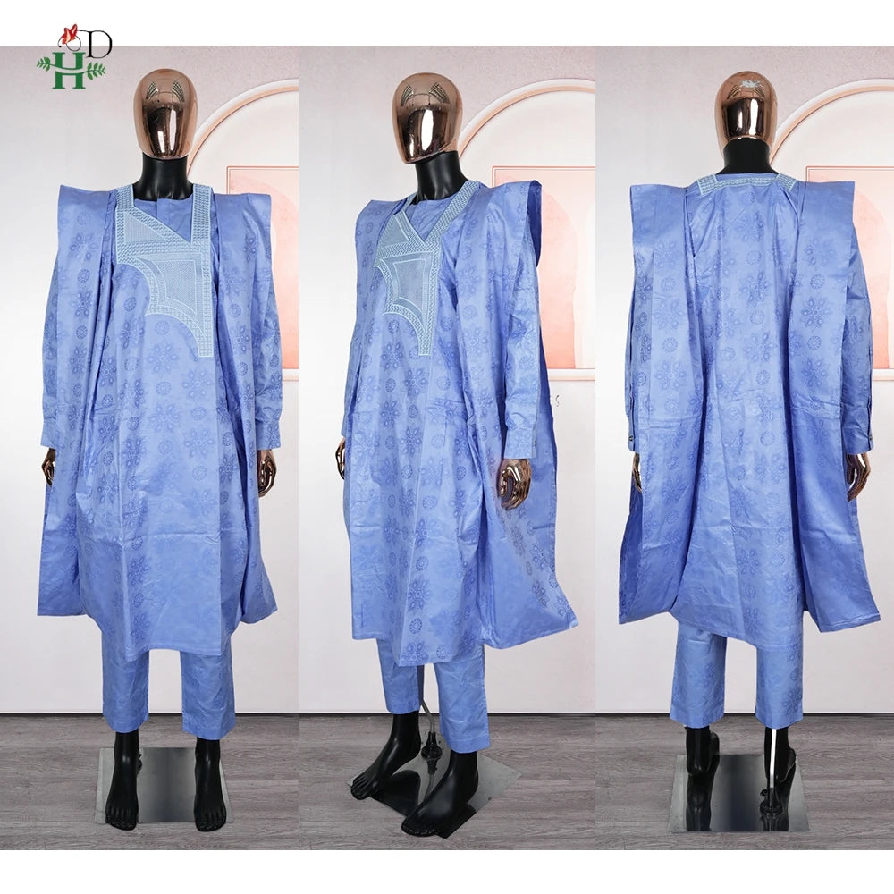 H&D African Clothes Embroidery Blue Gown Plus Size For Men Elegant Party Wedding Thobe 3 PC Top and Pants Suits Set Daily Wear