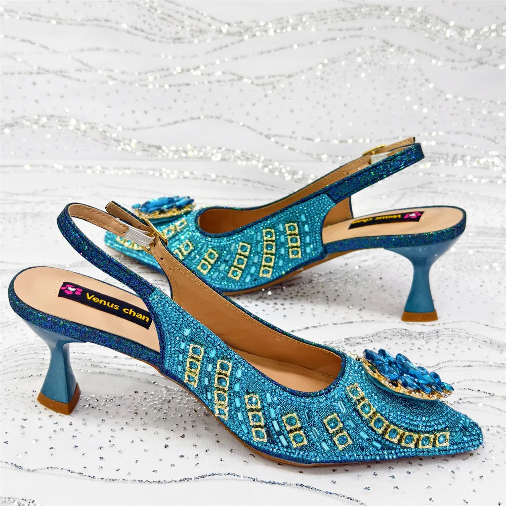 Venus Chan 2025 Elegant Rhinestone Pointed Toe Pumps With Matching Bag Set Large Size shoes Big Bag for Women's Party High Heels