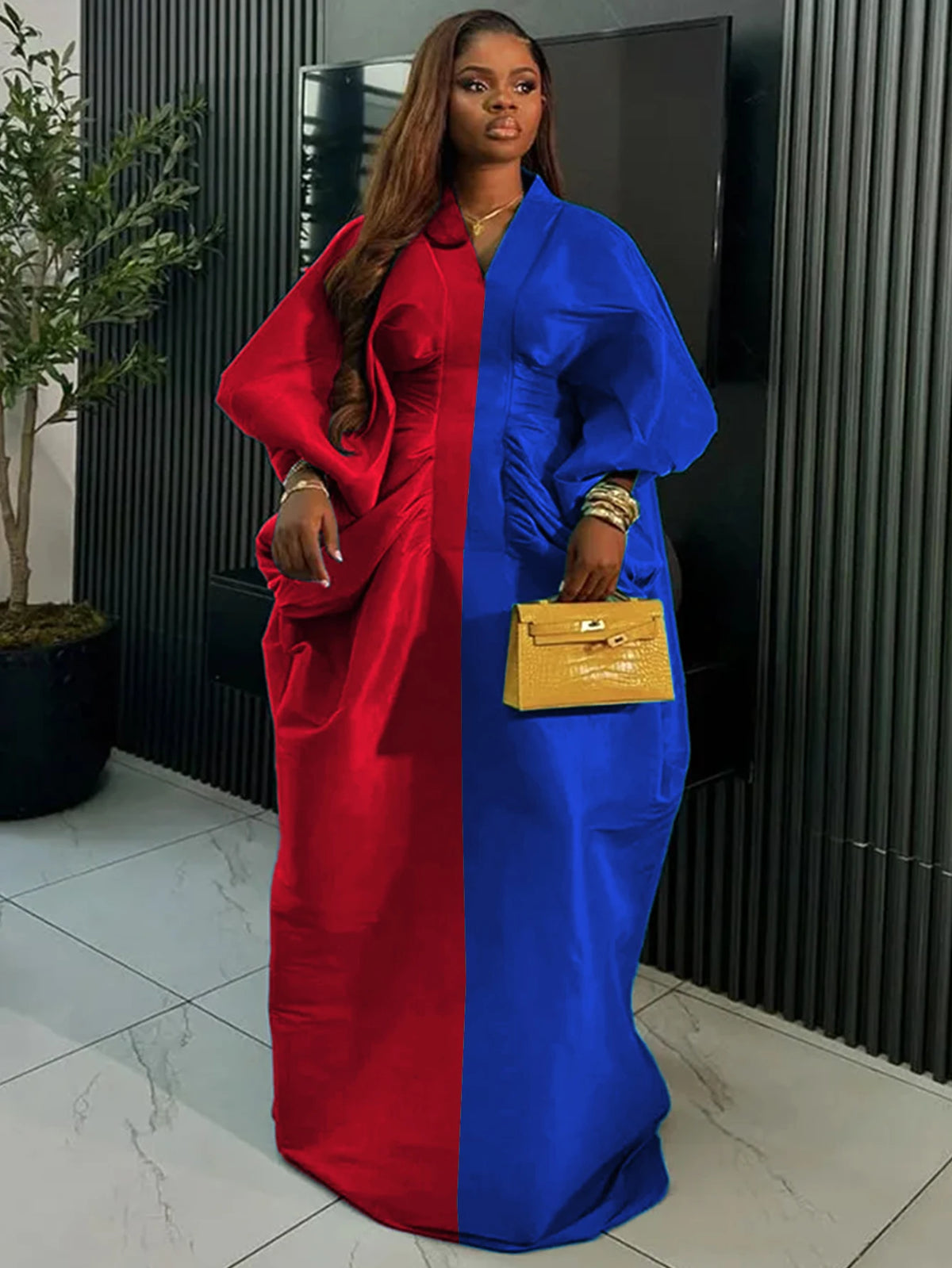 Elegant Women Long Loose Dresses Pleated Evening V Neck Lantern Sleeve African Female Classy Fashion Glitter Party Bubu Dress