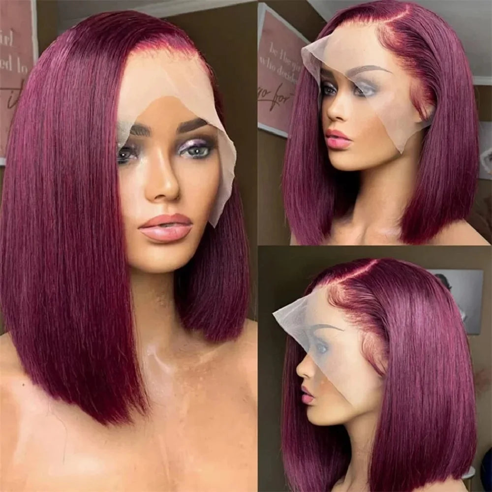 99J Burgundy Bob Wig Human Hair 14 Inch Preplucked Prebleached 13x4 HD Lace Front Wigs 200 Density Short Bob Straight Human Hair