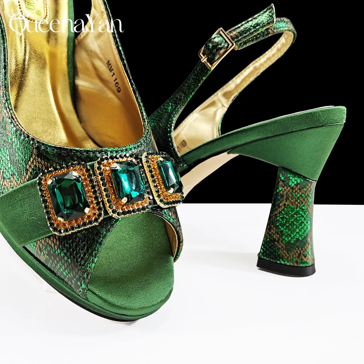 2025 Elegant Green Peep-Toe Women Heel Pumps for Italian Matching Party Shoes and Bags Set for Parties with Diamond Accents