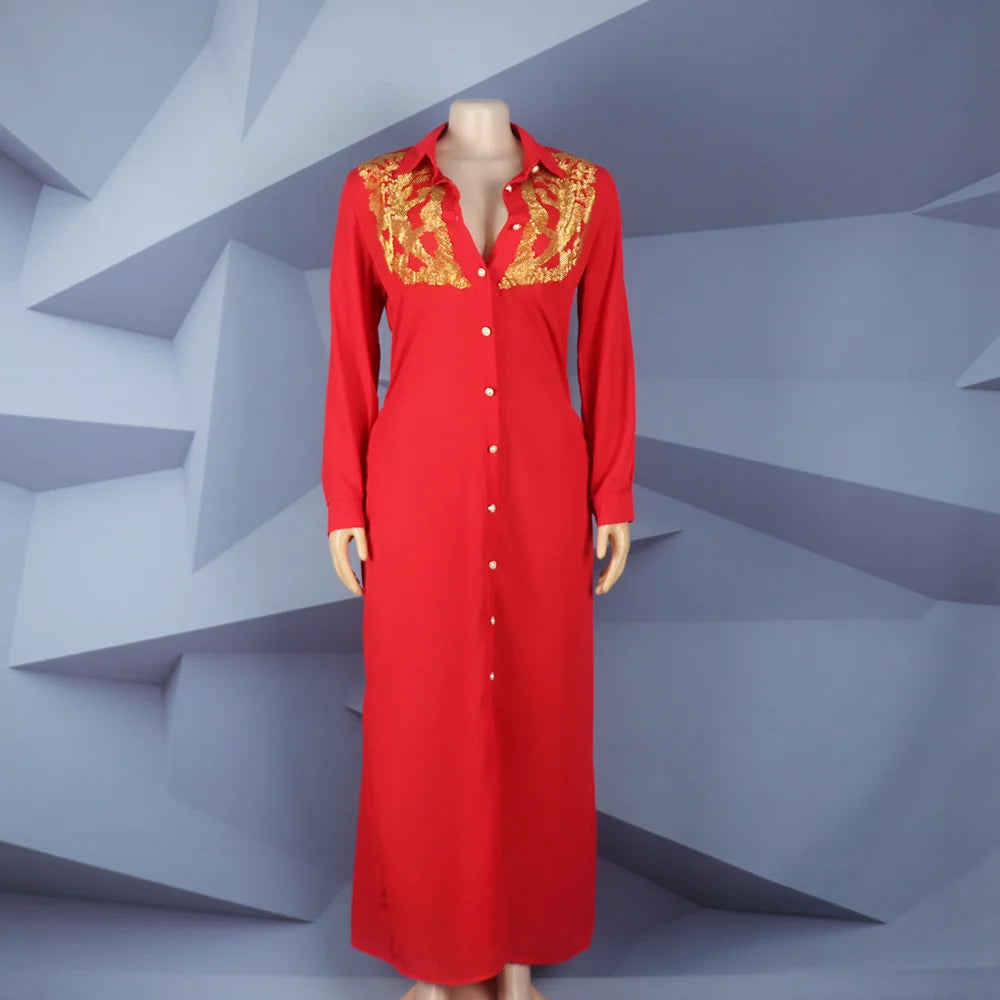 African American expensive shirtdress solid color front and rear heavy rhinestone embellishment BOUBOU
