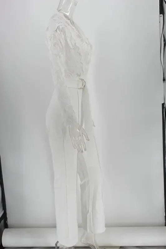 White Jumpsuit Women Overalls Elegant Lace Long One Piece High Waist Feather Y2k Sexy Wedding Party Night Evening Rompers