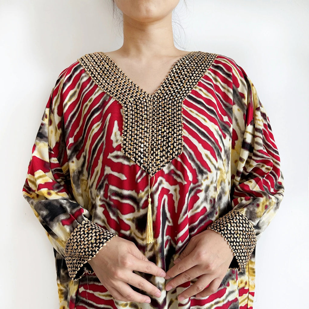 2025 Long Sleeve Embroidered V-Neck Cotton Women Loose Abaya Boho Maxi Dress Casual Fashion Dress African Vestidos